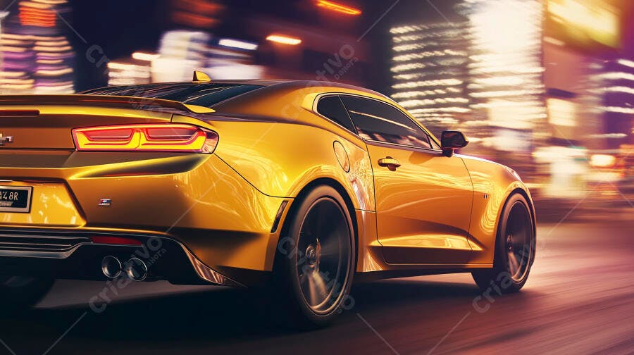 Carro esportivo amarelo dourado em alta velocidade na cidade à noite com luzes borradas
