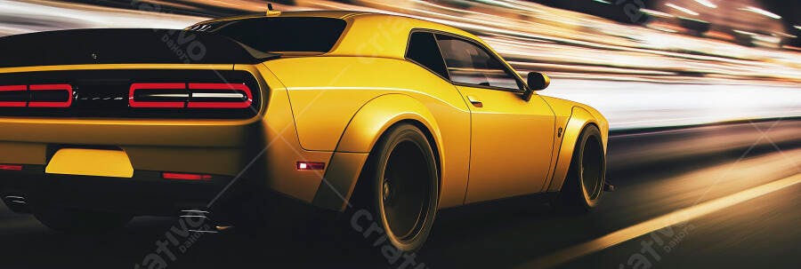 Carro esportivo amarelo em alta velocidade na estrada noturna
