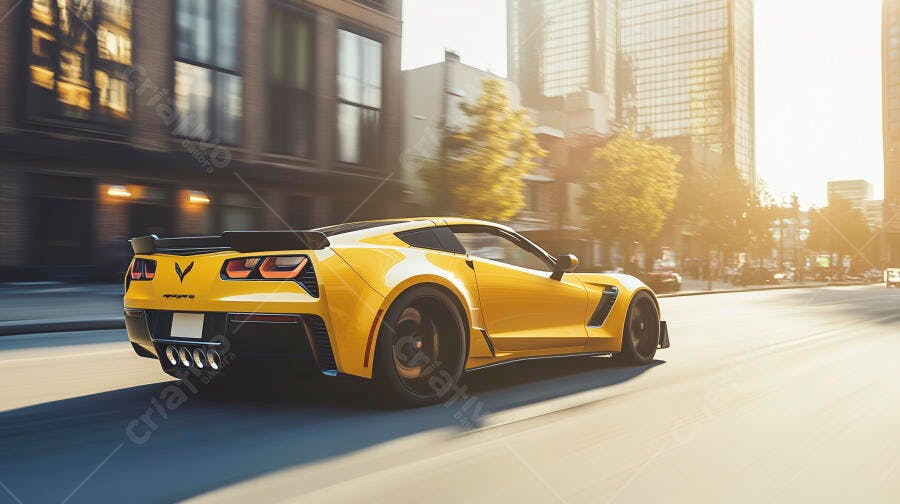 Carro esportivo amarelo em alta velocidade na cidade ensolarada