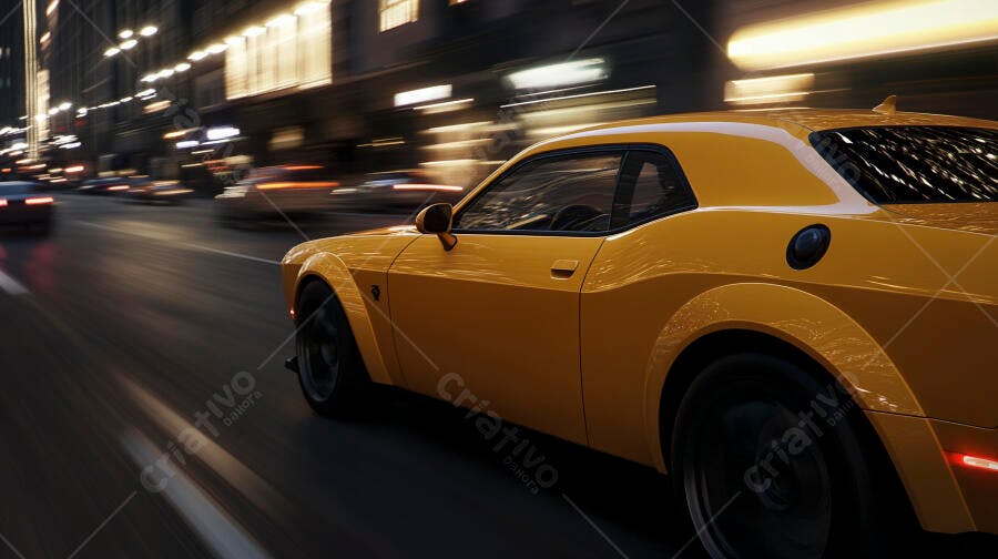 Carro esportivo amarelo em alta velocidade na rua da cidade à noite