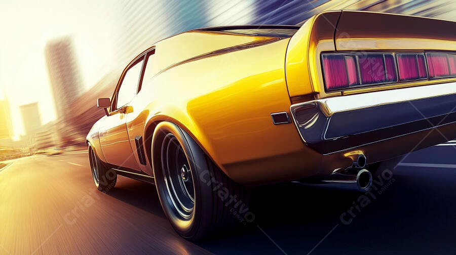 Carro esportivo amarelo em alta velocidade na cidade ao pôr do sol