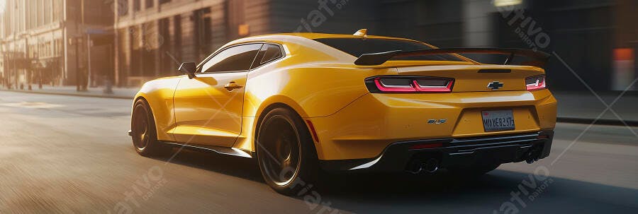 Chevrolet Camaro ZL1 amarelo em movimento na rua da cidade ao sol