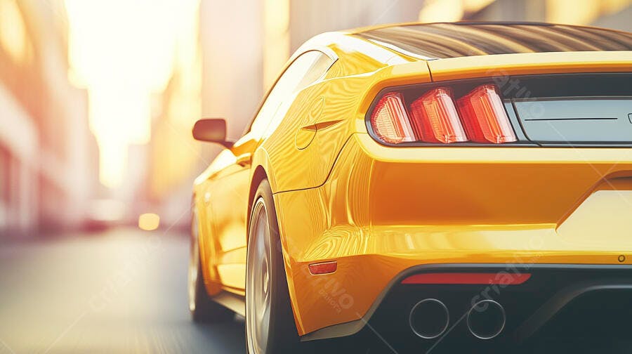 Carro esportivo amarelo dirigindo na cidade ao pôr do sol