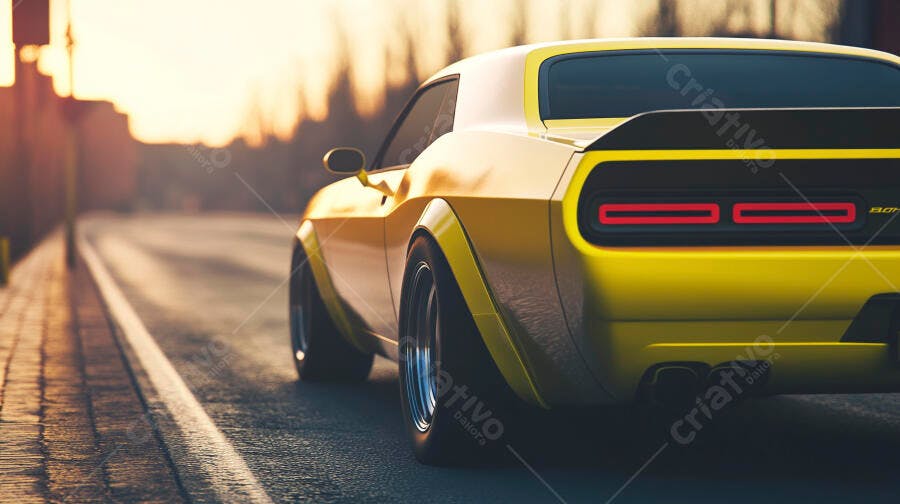 Carro muscle amarelo vibrante na rua ao pôr do sol com luz dourada
