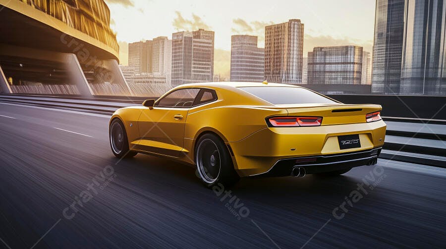 Camaro amarelo esportivo em rodovia moderna na cidade ao entardecer
