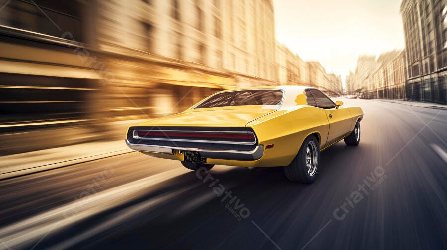 Carro clássico amarelo em alta velocidade na rua da cidade ao pôr do sol