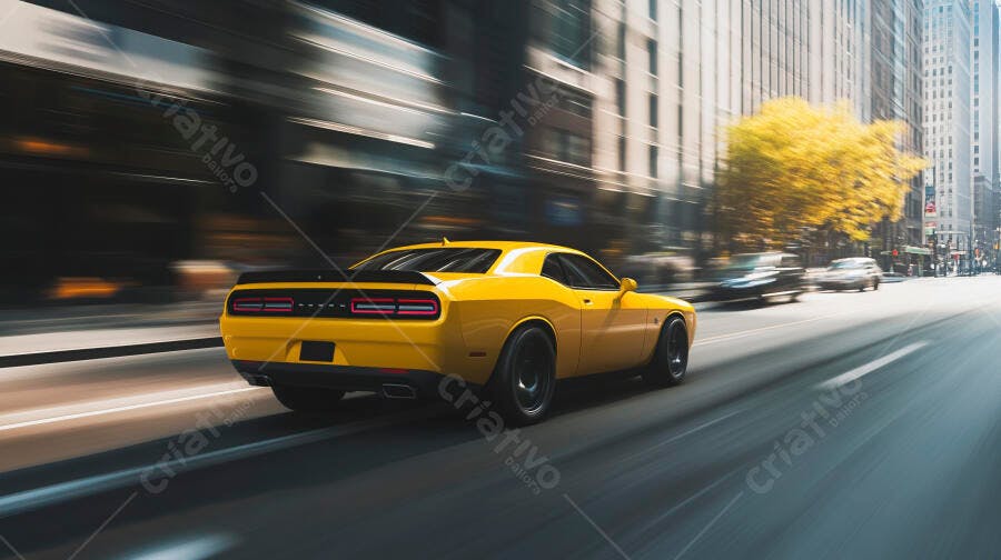 Carro esportivo amarelo Dodge Challenger acelerando na rua da cidade