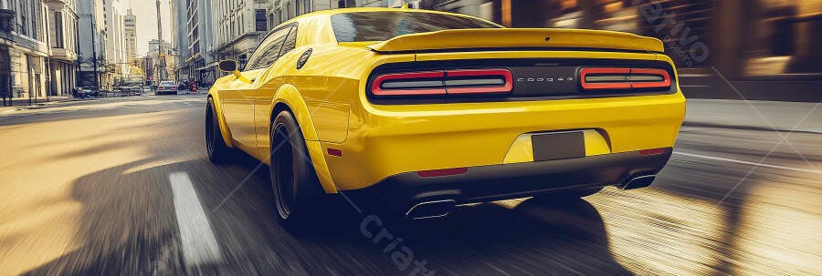 Carro esportivo amarelo Dodge Challenger em alta velocidade na cidade