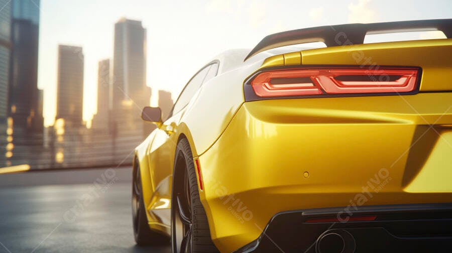 Carro esportivo amarelo dourado na cidade ao pôr do sol
