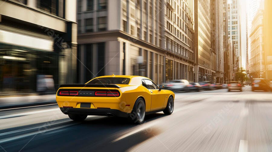 Carro esportivo amarelo em movimento na rua da cidade com arranha-céus sob sol