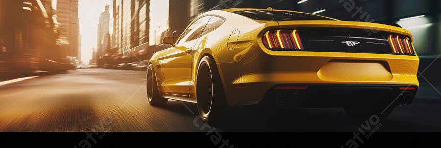 Ford Mustang amarelo em movimento rápido na rua da cidade ao entardecer