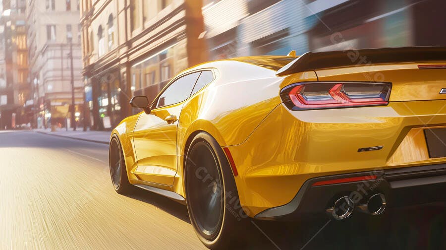 Carro esportivo amarelo em alta velocidade na rua da cidade