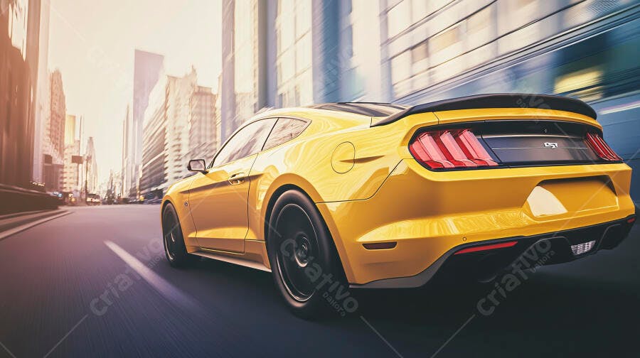Carro esportivo amarelo Mustang em alta velocidade na cidade ao entardecer