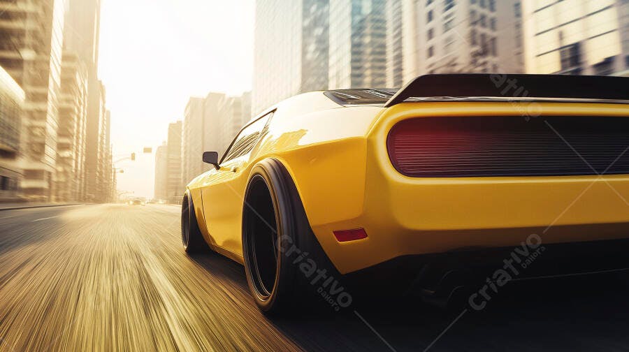 Carro esportivo amarelo correndo rápido em rua de cidade com sol forte