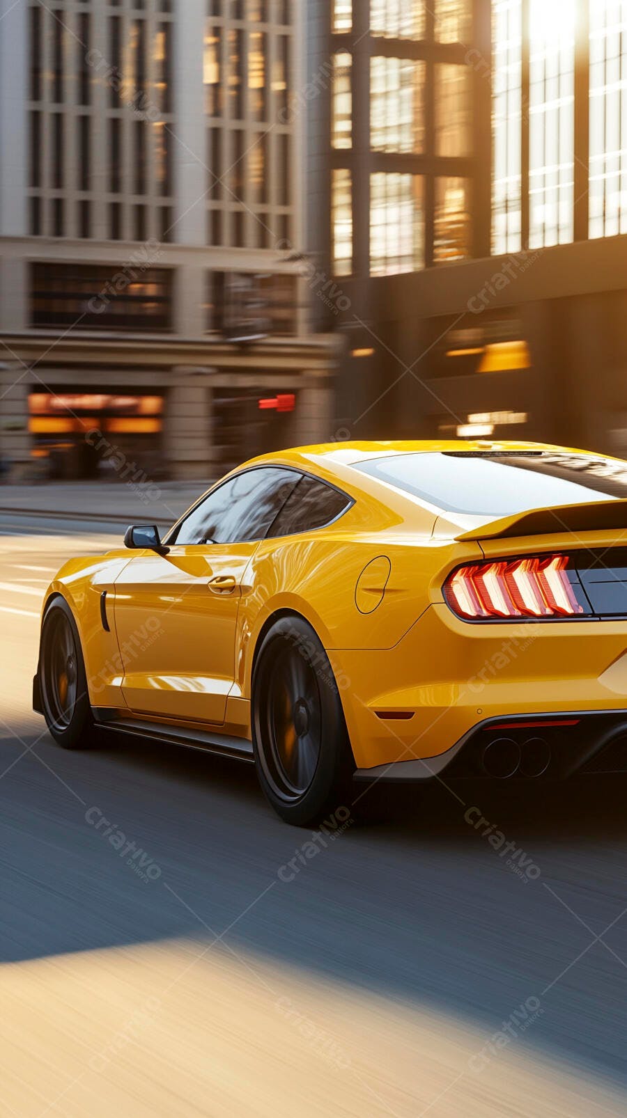 Carro esportivo amarelo em movimento na rua da cidade ao pôr do sol