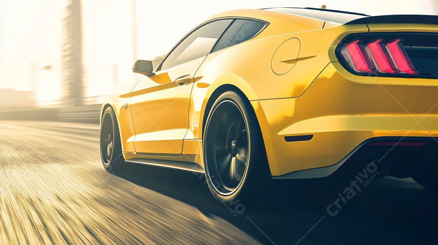 Carro esportivo amarelo em alta velocidade na cidade ao amanhecer