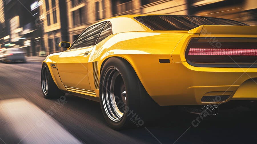Carro esportivo amarelo clássico em alta velocidade na rua da cidade