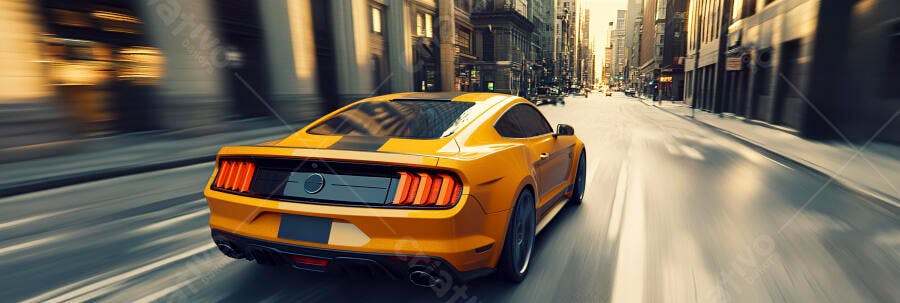 Carro esportivo laranja Mustang em alta velocidade na cidade