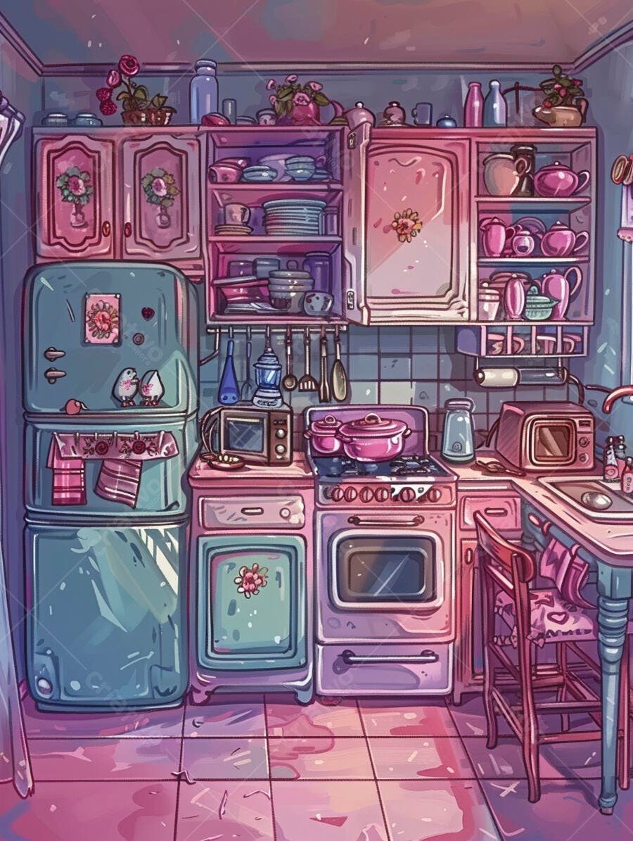 Cozinha vintage rosa e azul pastel com eletrodomésticos e louças antigas