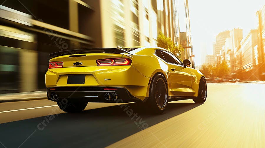 Carro esportivo amarelo Chevrolet Camaro em alta velocidade na cidade