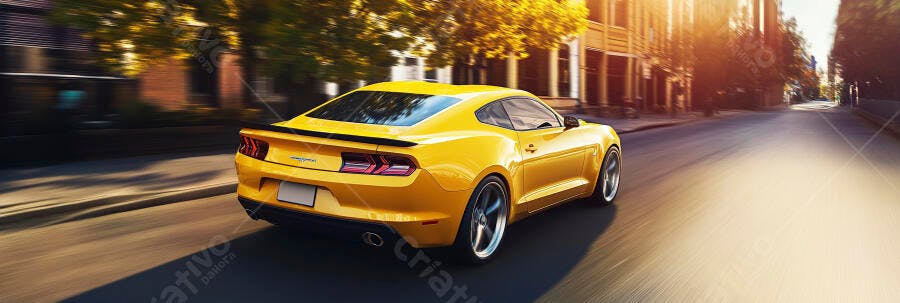Carro esportivo amarelo em movimento rápido na rua da cidade ao pôr do sol
