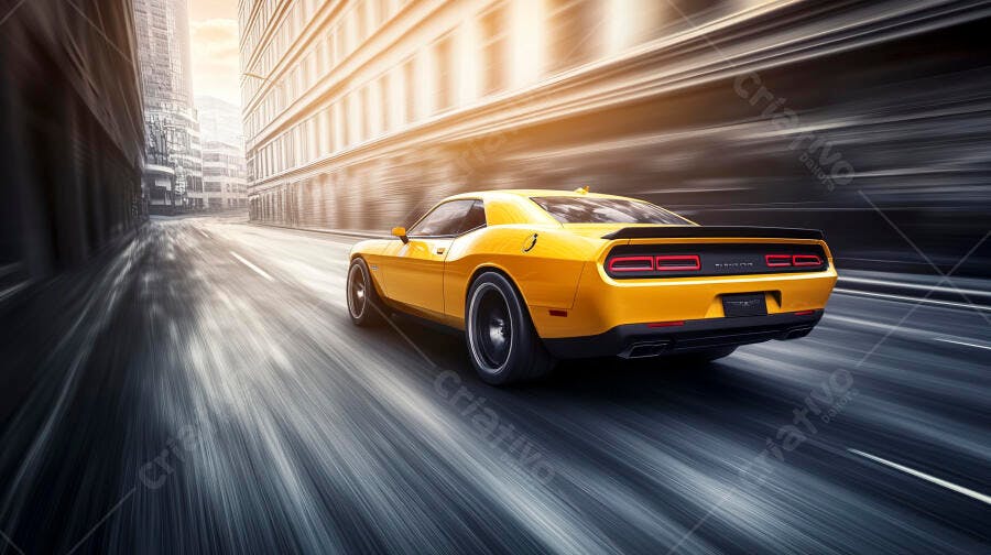 Carro esportivo amarelo em alta velocidade na rua da cidade ao pôr do sol
