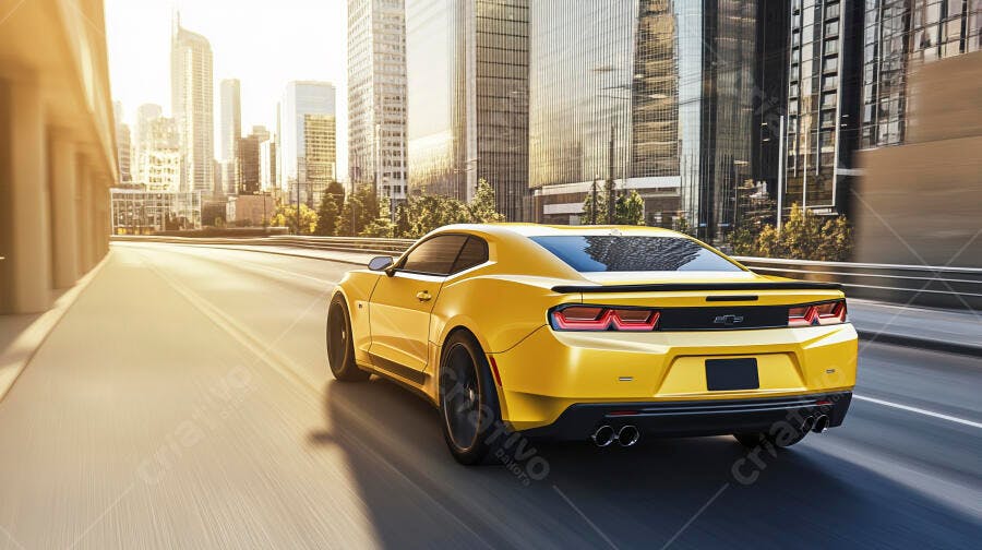 Carro esportivo amarelo em alta velocidade na cidade ao pôr do sol