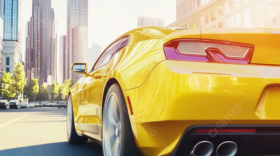 Carro esportivo amarelo vibrante em alta velocidade na cidade ensolarada