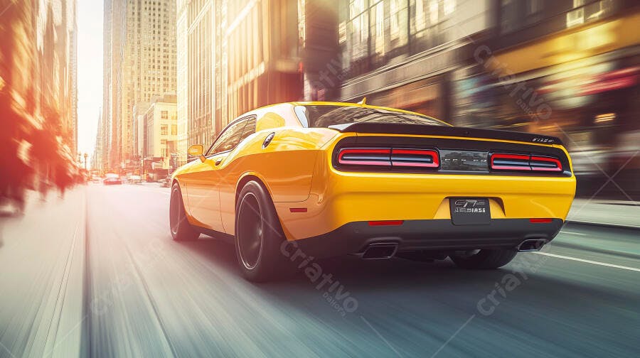 Carro esportivo amarelo em alta velocidade na rua da cidade ao entardecer