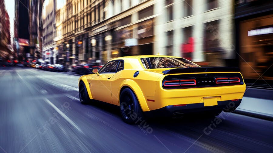 Carro esportivo amarelo veloz em rua de cidade com movimento