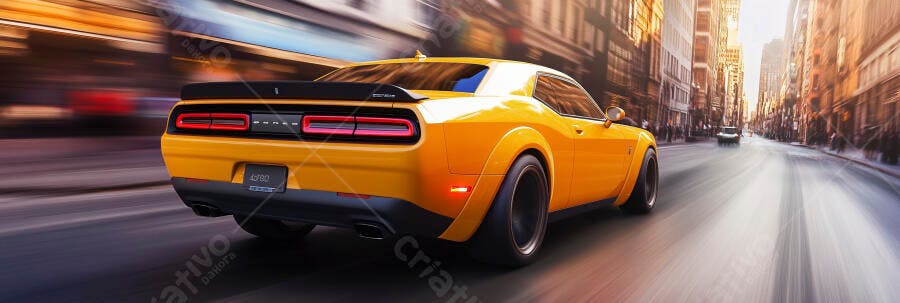 Carro esportivo amarelo em alta velocidade na rua da cidade ao entardecer