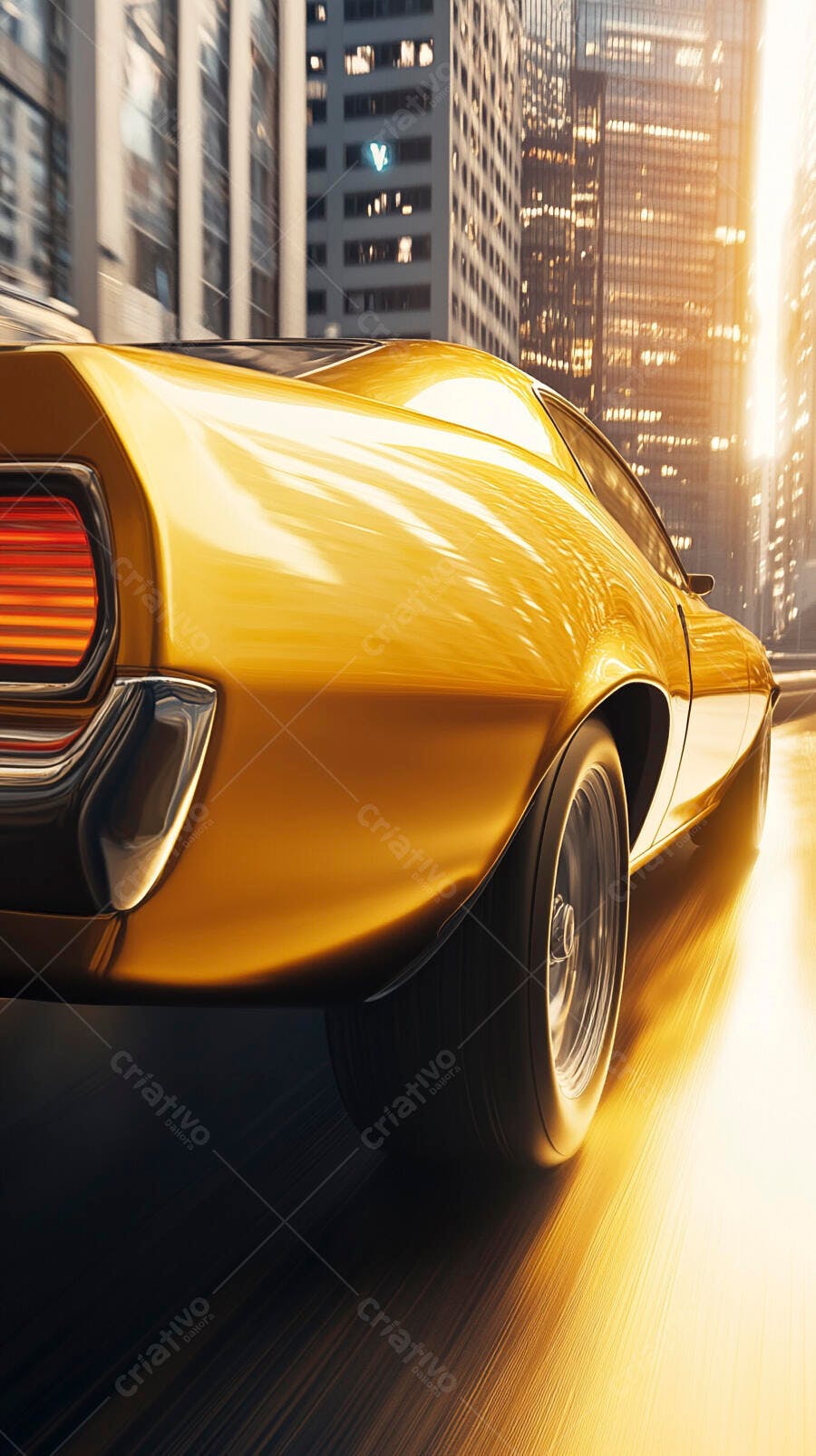 Carro esportivo amarelo em alta velocidade na cidade ao anoitecer