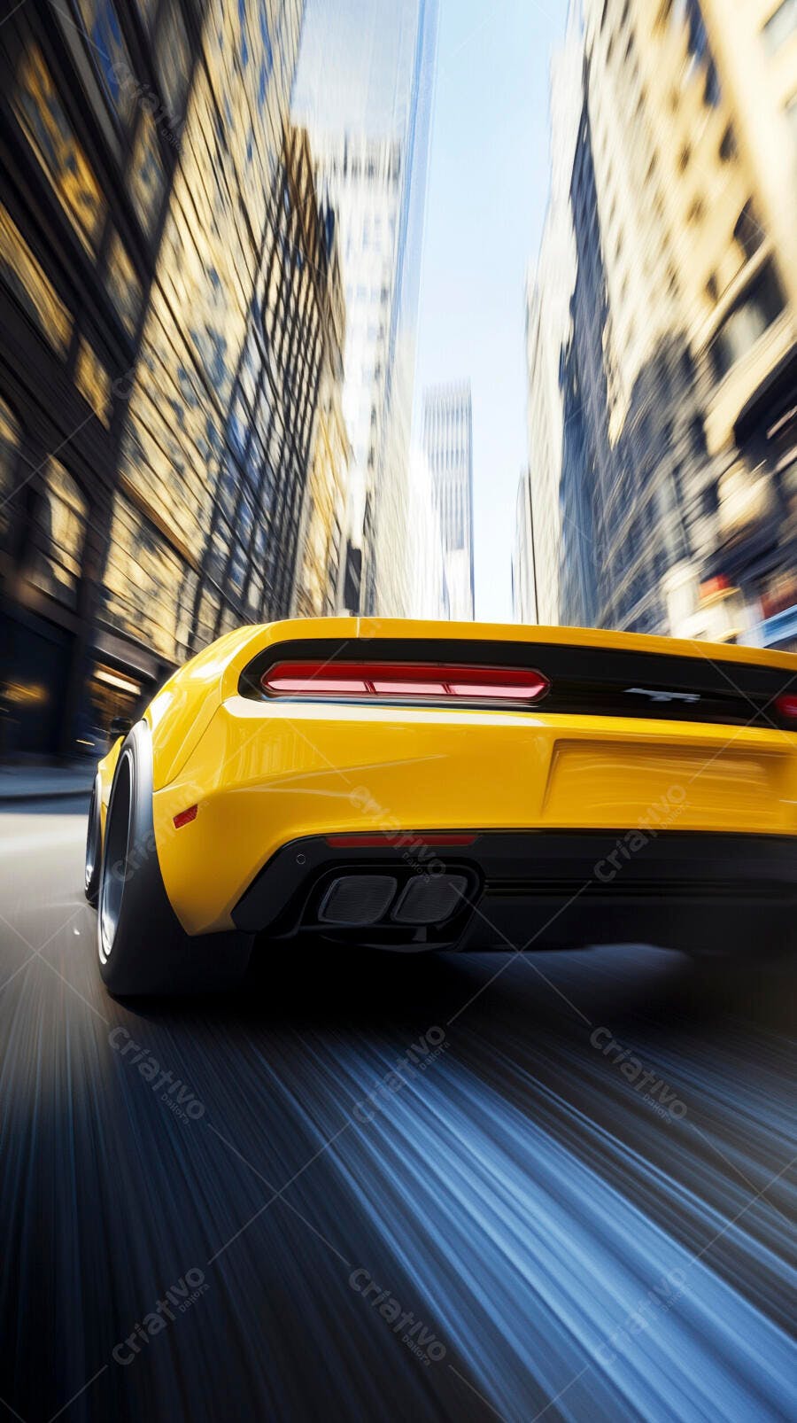 Carro esportivo amarelo em alta velocidade na cidade entre prédios altos