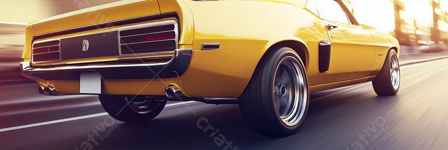 Carro clássico amarelo em alta velocidade na estrada