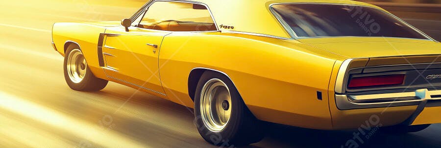 Carro clássico Dodge Charger amarelo ouro em alta velocidade na estrada