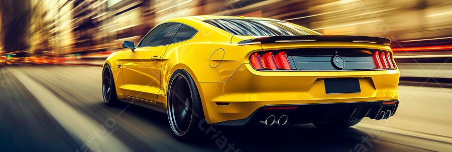 Carro esportivo amarelo em alta velocidade na cidade noturna