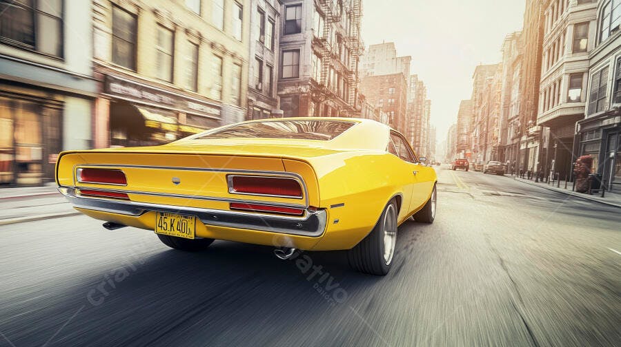 Carro clássico amarelo em rua movimentada da cidade sob sol forte