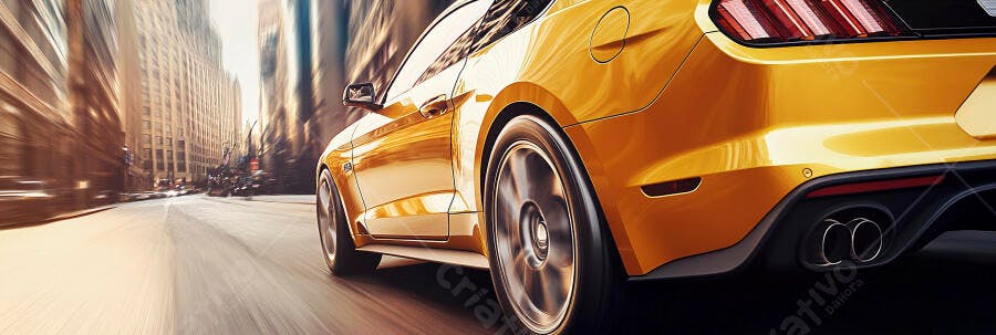 Carro esportivo amarelo em alta velocidade na rua da cidade