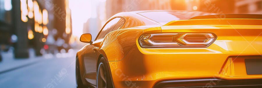 Carro esportivo laranja em rua urbana ao pôr do sol