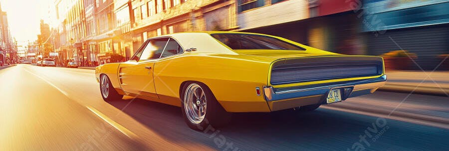 Carro muscle car amarelo vintage acelerando na rua urbana ao entardecer