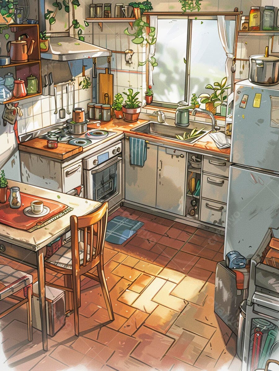 Cozinha aconchegante ensolarada com plantas e mesa de madeira ilustração