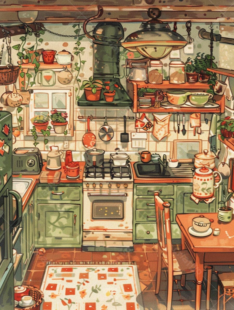 Ilustração cozinha aconchegante estilo cottagecore com plantas e utensílios coloridos