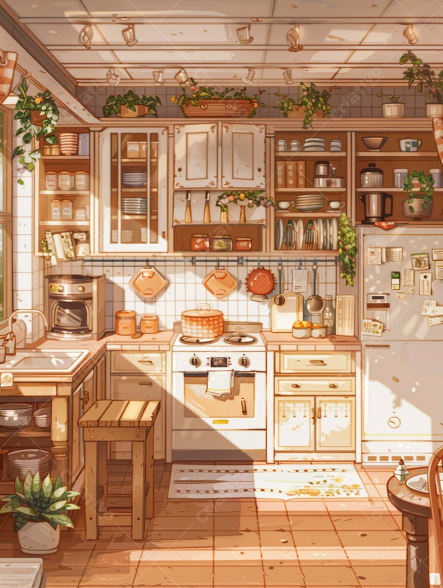 Cozinha aconchegante iluminada pelo sol com plantas e utensílios estilo anime