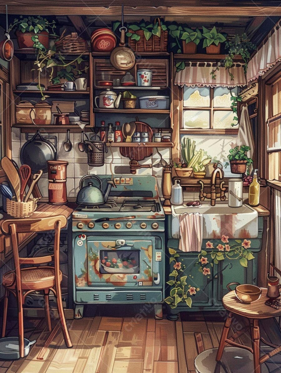Cozinha rústica vintage com plantas e fogão verde ao sol