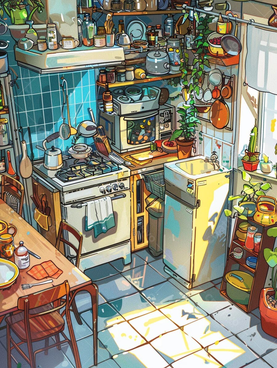 Cozinha aconchegante com luz do sol e muitos objetos estilo vintage