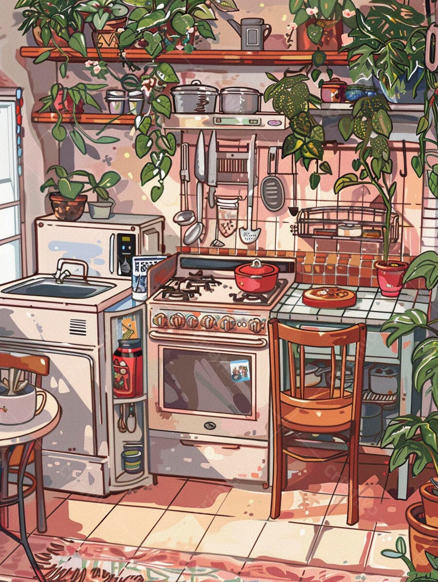 Cozinha aconchegante cheia de plantas com luz solar e utensílios domésticos