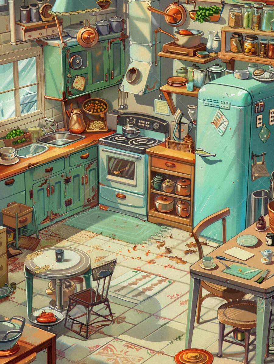 Cozinha vintage verde menta e marrom claro com mesas e utensílios antigos