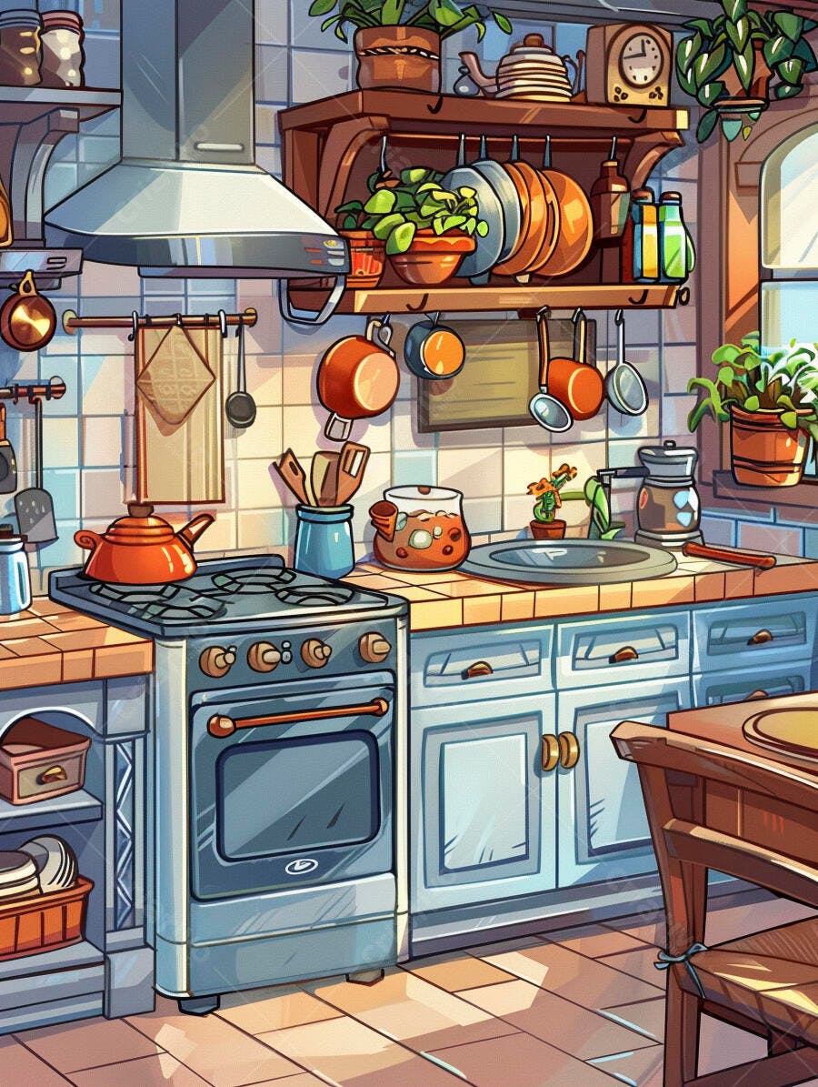 Cozinha aconchegante ilustrada com plantas e luz natural