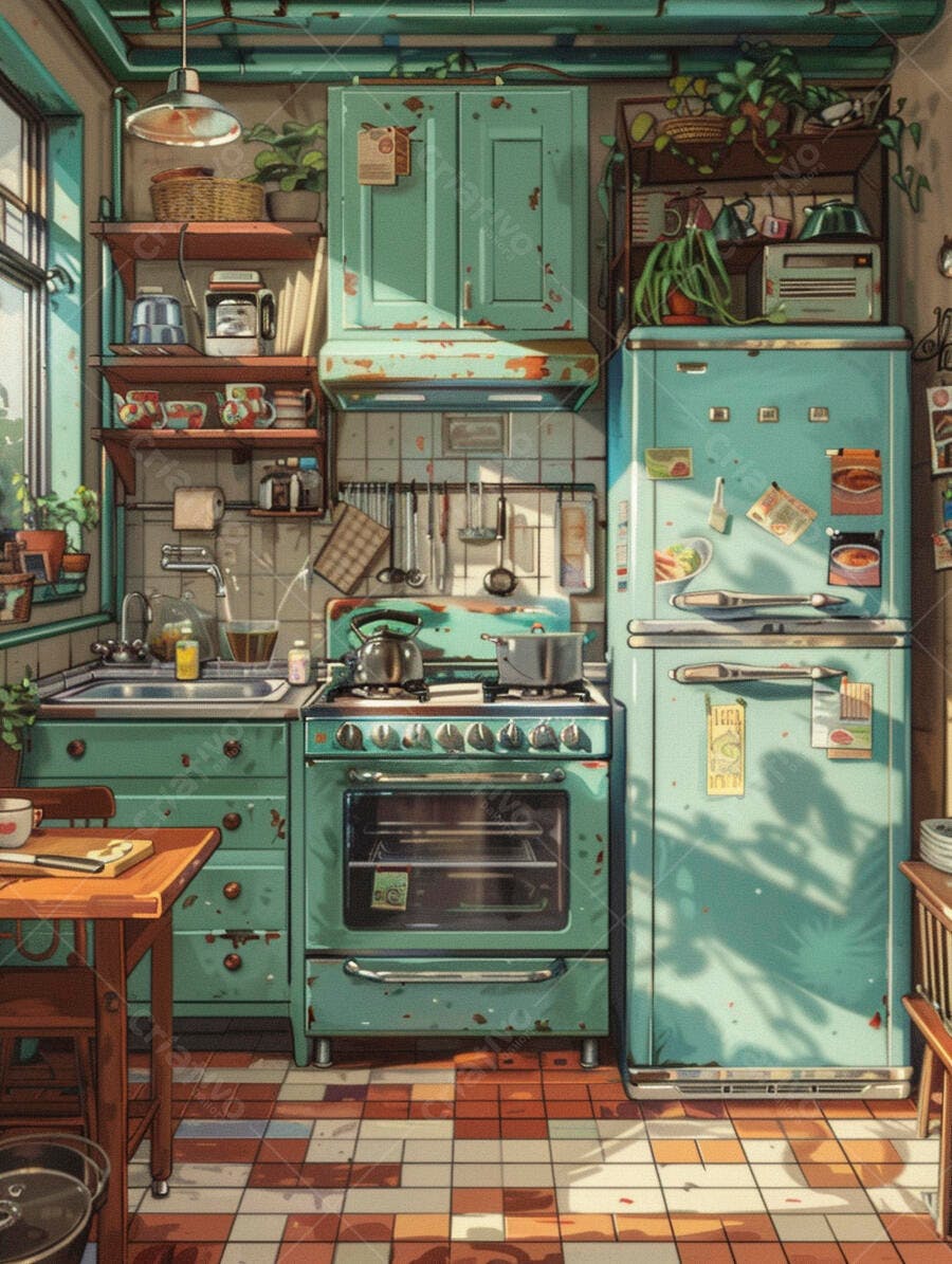 Cozinha vintage retrô com eletrodomésticos verde-água e luz solar em ladrilhos