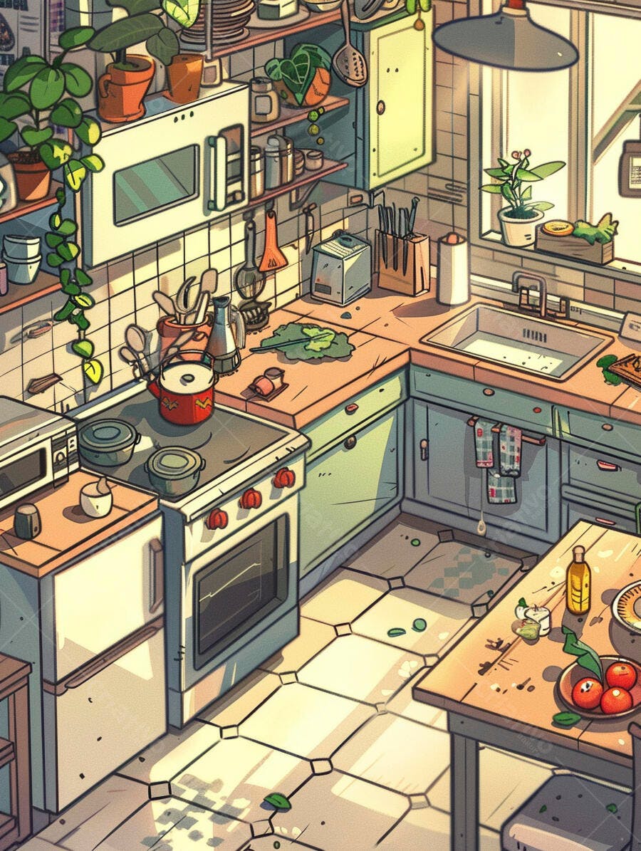 Cozinha cartoon aconchegante com plantas e luz do sol matinal